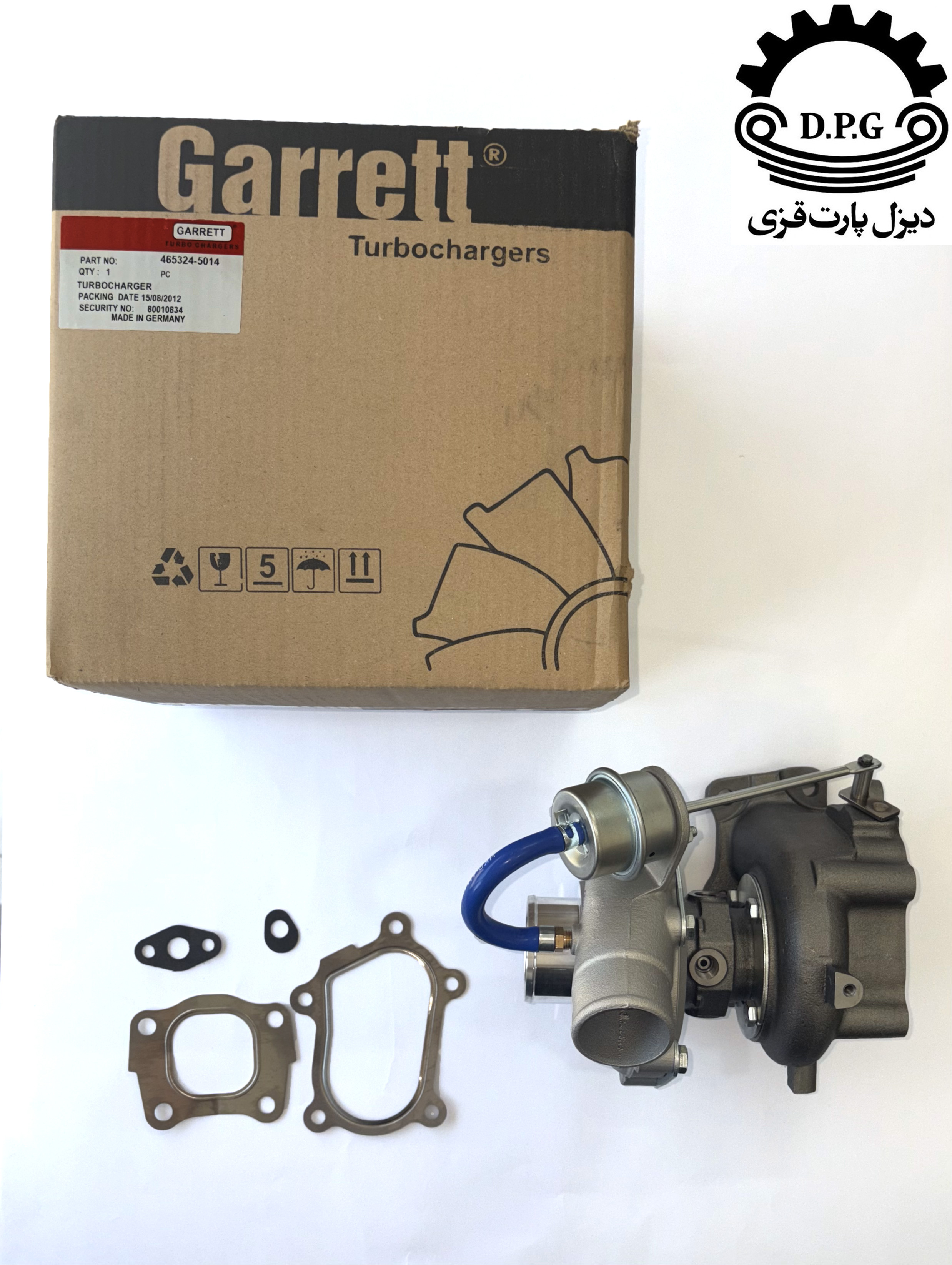 تصویر توربوشارژر Garrett اورجینال مناسب ایسوزو ۶ تن مدل NQR/NPR به همراه جعبه برند و واشرها.
