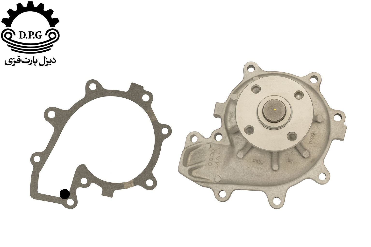 نمای بالا از اجزای واتر پمپ اصلی ایسوزو ۶ تن برند NPW شامل پوسته فلزی به رنگ نقره‌ای و واشر همراه آن، روی سطحی تیره.